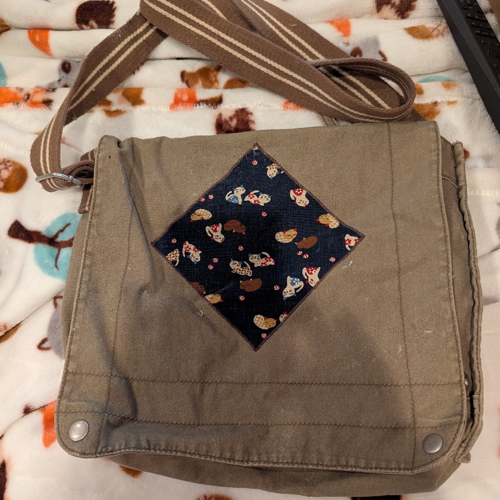 Olive Green Canvas Messenger Bag with Patterned Accent